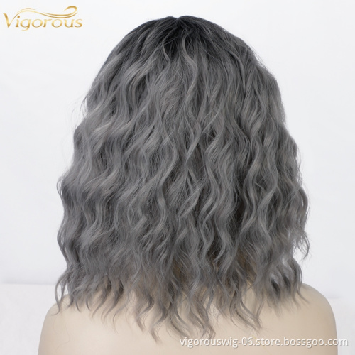 Shoulder Length Cheapest Top Quality Wholesale Glueless Bob Curly Wave Short Ombre Grey Synthetic U Part Lace Front Wig